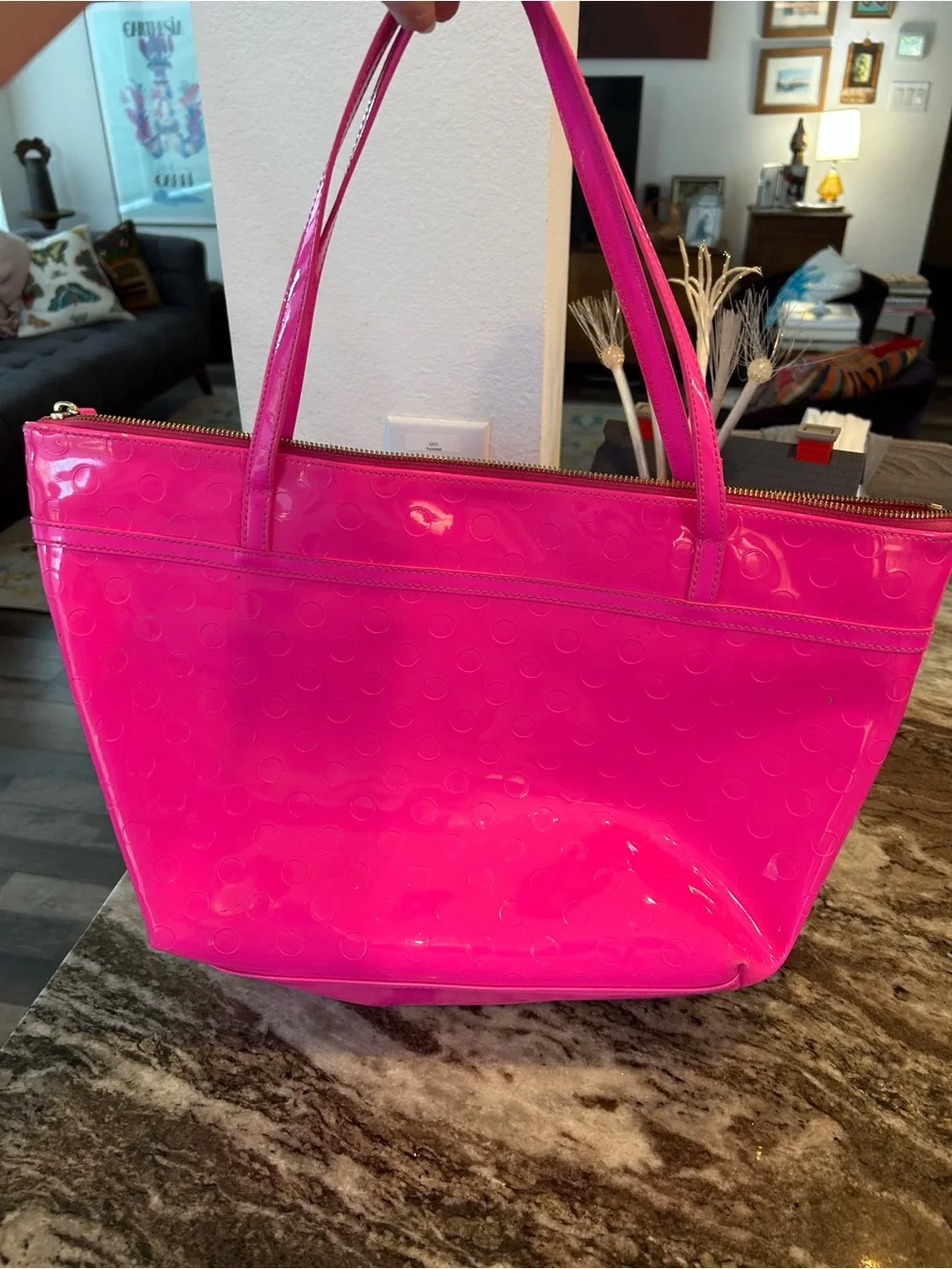 kate spade camellia st Sophie Tote in Hot Pink has a few marks scuffs peeling